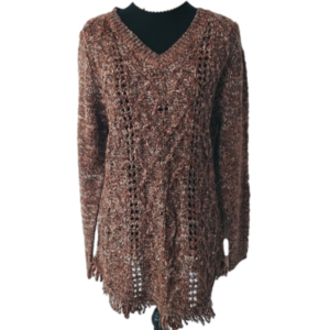 NWT Ethyl Fringe Hem Chunky SOFT Cable Knit Sweater Brown V-Neck Pullover LG